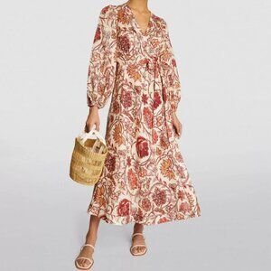 ZIMMERMANN Vitali Linen Sepia White Floral Print Long Sleeve Wrap Midi Dress NWT
